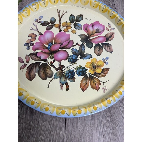 Vintage Jubilee Elite Metal Tray MTM England Flowers 12 1/2" Round Pink Yellow - Picture 2 of 9